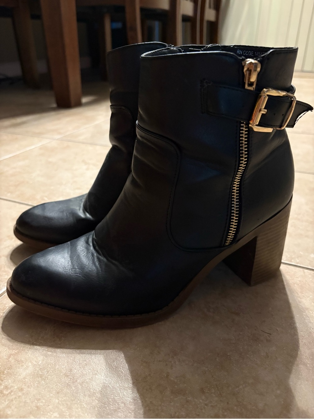 Classic Black Leather Ankle Boots with Gold Buckle Size 9